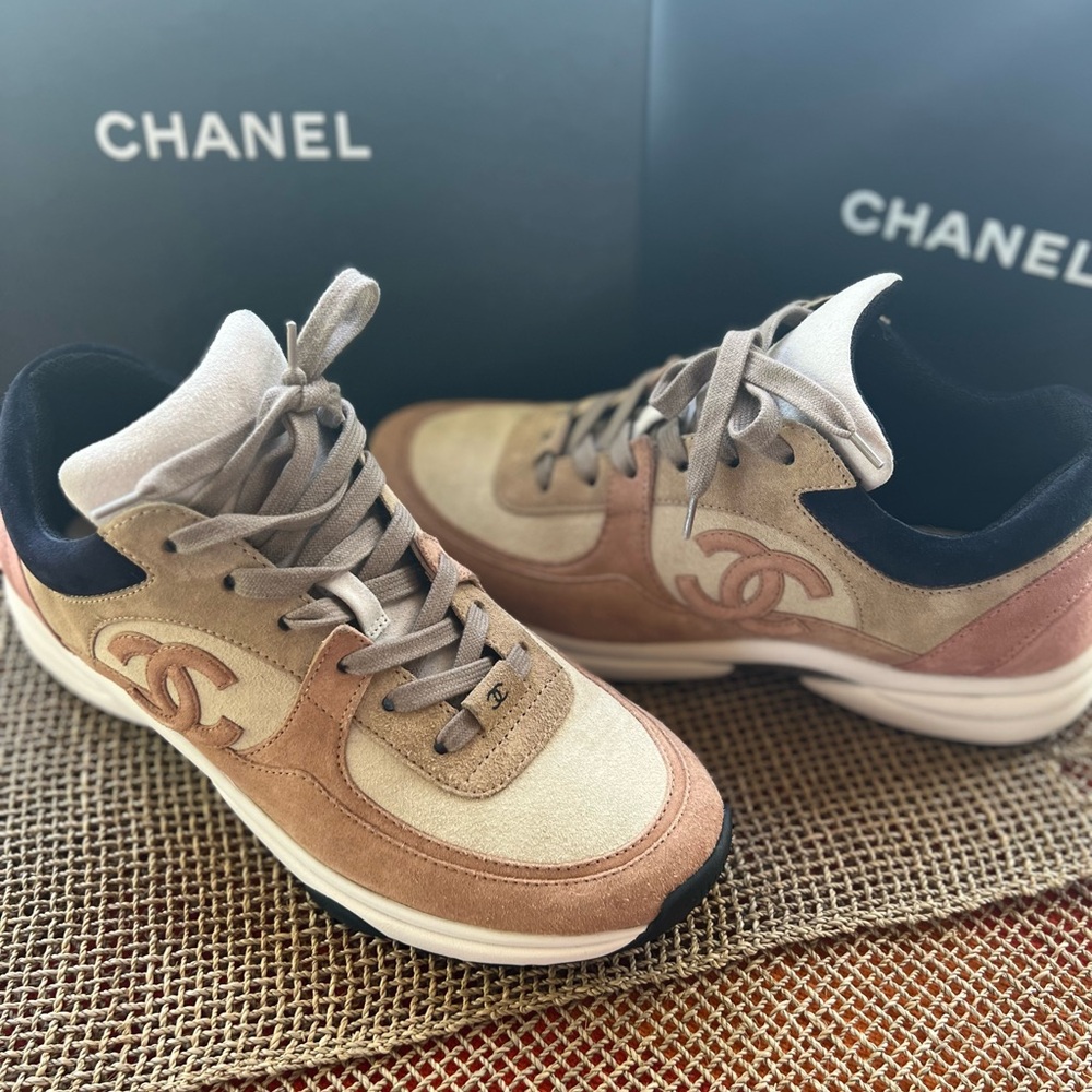 SOLD - Chanel Pink, Beige, Navy lambskin suede sneakers with box 40.5